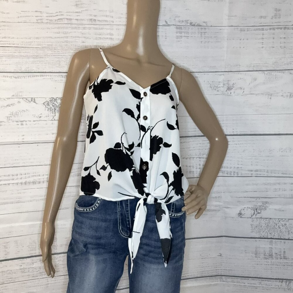 NWOT White & Black Floral Shading Print Button Tie Front Tank Top